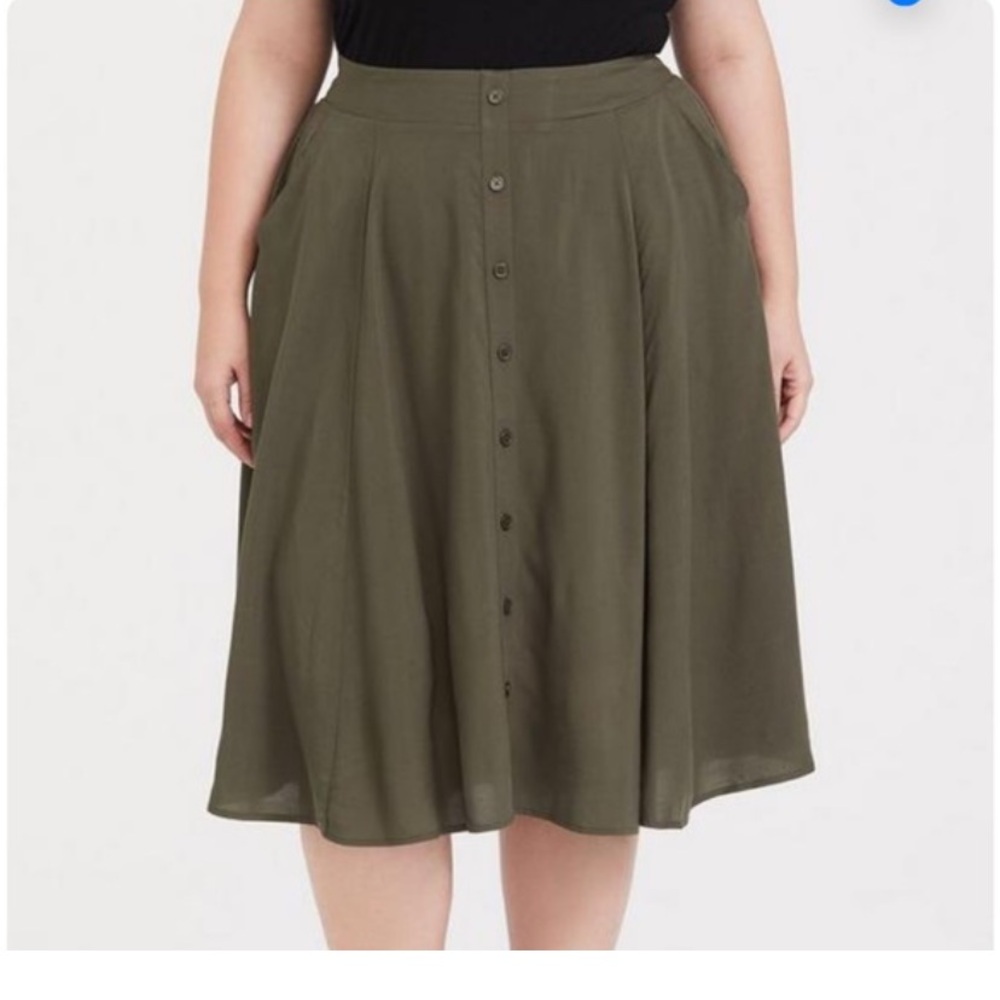 Torrid Olive Green Midi Challis Button-Front Skirt 0X